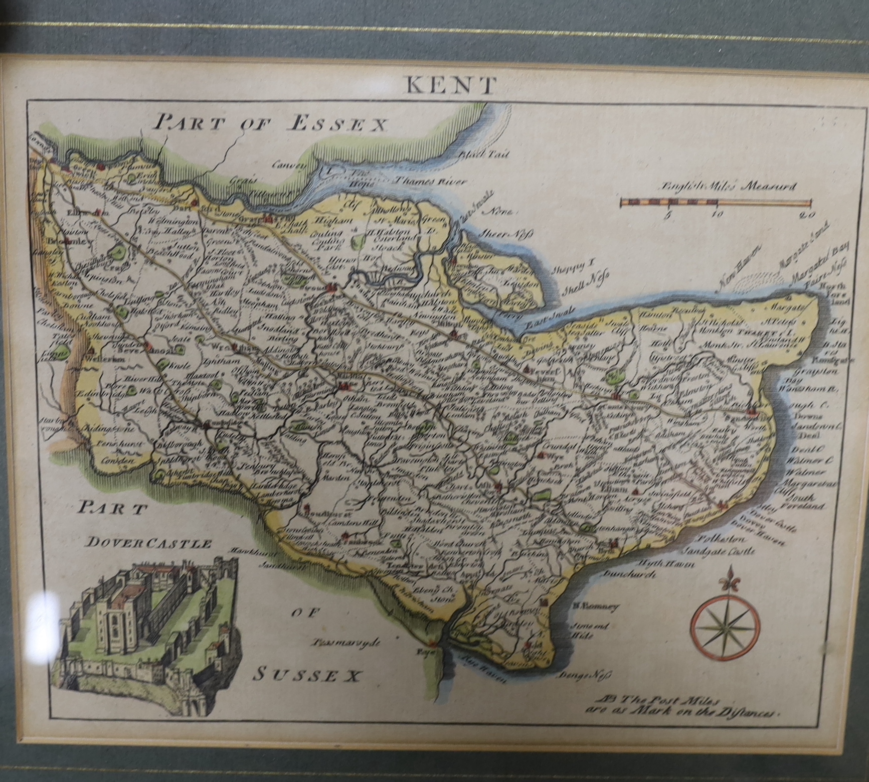 Six antique maps of Kent including examples by John Rocque, William Owen and John Cary, together with three 19th century colour engravings, largest 34 x 43cm